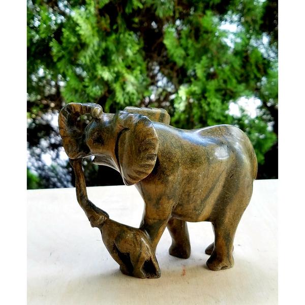African Elephant Statue  - Mother and Child Hand Carved In Zimbabwe