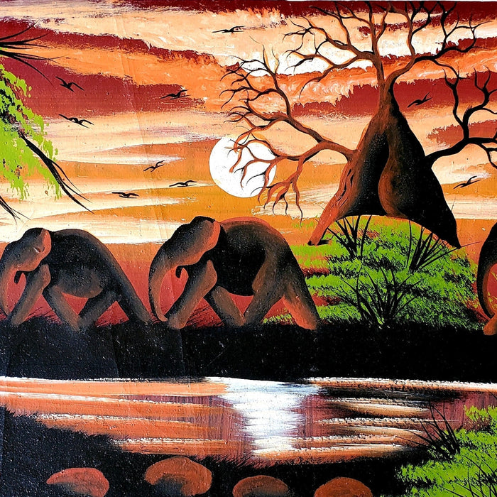 African Elephant Family Sunset Painting on Canvas