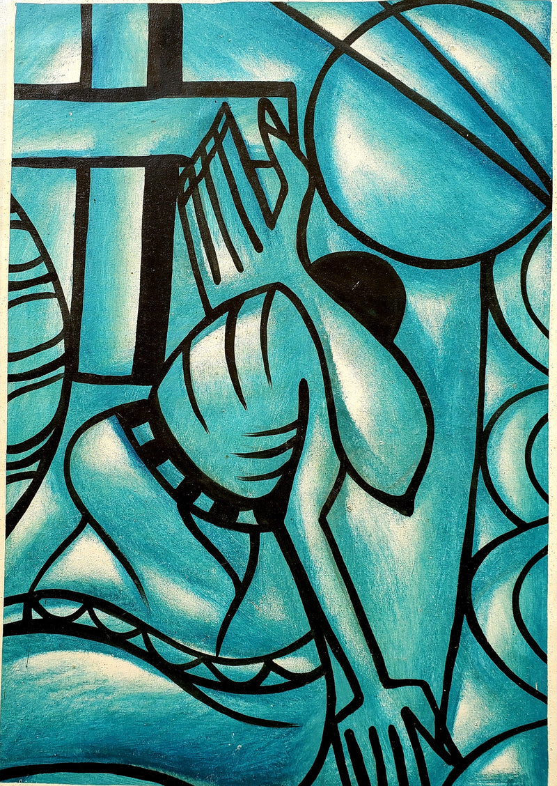 African Abstract Woman Painting “Staying Away From Adversity” – Blue Canvas Art
