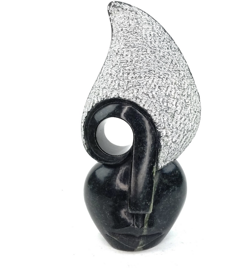 Abstract Lady Face Sculpture – Hand Carved Shona Black Stone Art