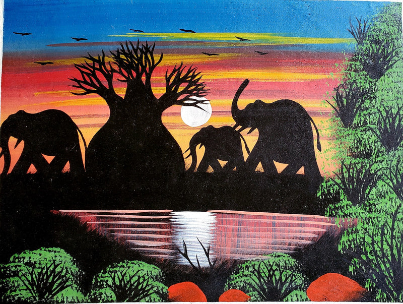 African Elephant Family Baobab Tree Painting – Blue Sky Sunset Canvas Art