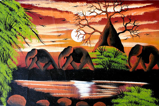 Artistic depiction of elephants by a waterhole with a sunset sky and trees.