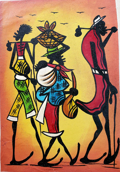 African Family Walking Together Painting – Handmade Cultural Canvas Art
