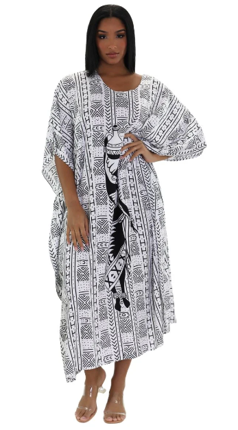 African Kaftan Dress – Mudcloth Woman With Gourd (Black & White)
