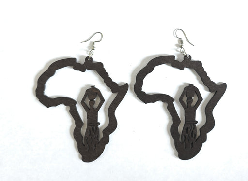 African Map Wooden Earrings with Woman | Dark Brown