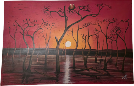 African Sunset Landscape Painting with Trees – Framed Canvas Wall Art by Whisper