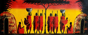 African Village Life Gathering Painting – Panoramic Sunset Canvas Wall Art