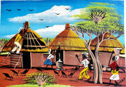 African Village Life Painting with Blue Sky – Handmade Canvas Wall Art