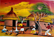 African Village Life Sunset Painting – Handmade Cultural Canvas Wall Art