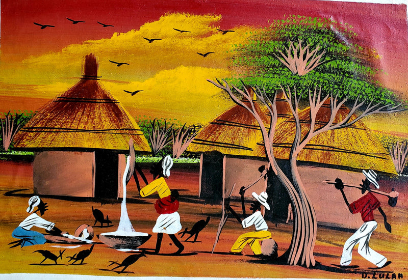 African Village Life Sunset Painting – Handmade Cultural Canvas Wall Art