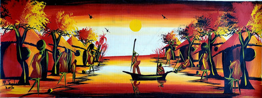 African Village Pathway Sunset Painting – Panoramic Cultural Canvas Wall Art