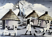 African Village Scene Painting Black and White – Handmade Canvas Art