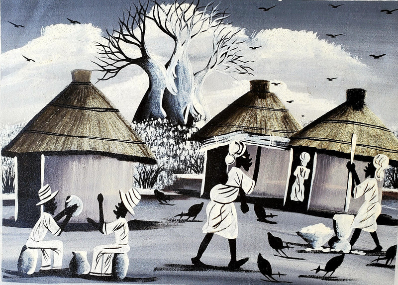 African Village Scene Painting Black and White – Handmade Canvas Art