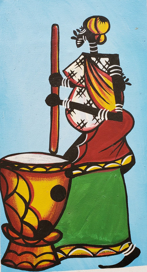 African Woman Using Pestle and Mortar Painting – Handmade Cultural Canvas Wall Art