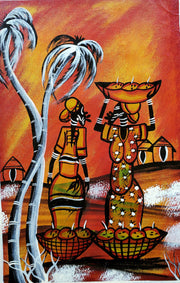 African Women Carrying Baskets Village Painting – Handmade Canvas Art