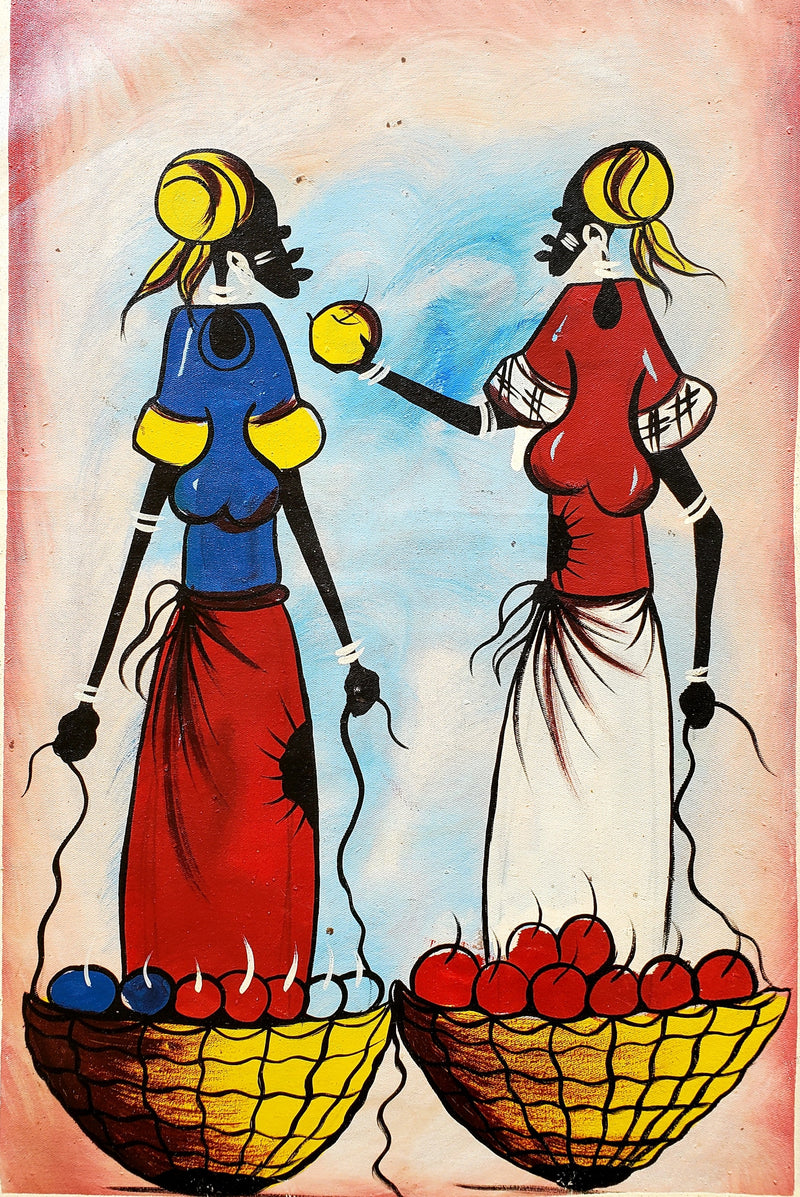 African Women Sharing Harvest Painting – Handmade Canvas Wall Art