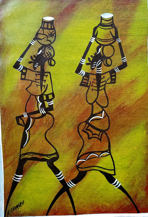 African Women Walking Minimalist Painting – Handmade Canvas Wall Art