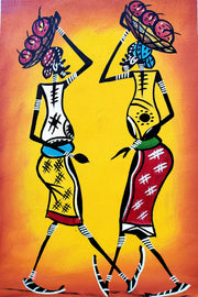 African Women Walking Together Bright Canvas Painting – Handmade Wall Art