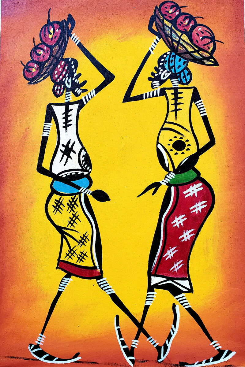 African Women Walking Together Bright Canvas Painting – Handmade Wall Art