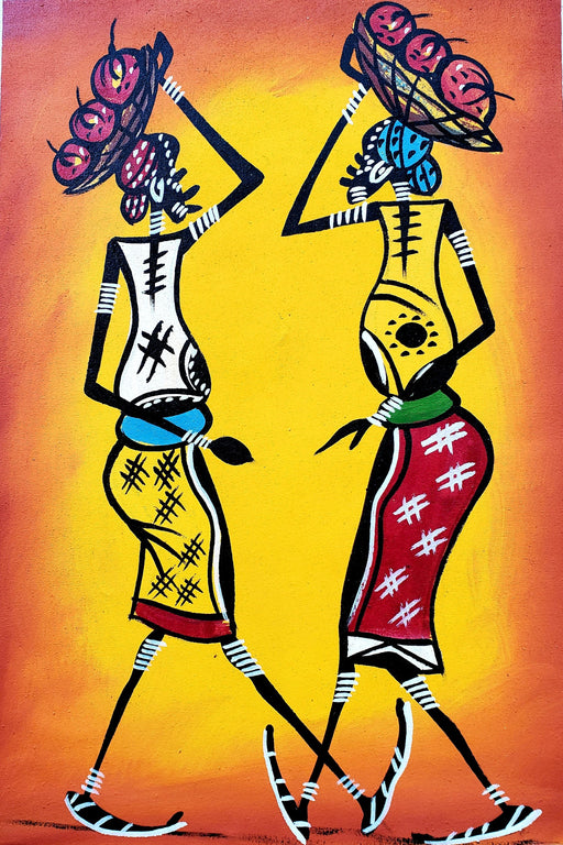 African Women Walking Together Bright Canvas Painting – Handmade Wall Art