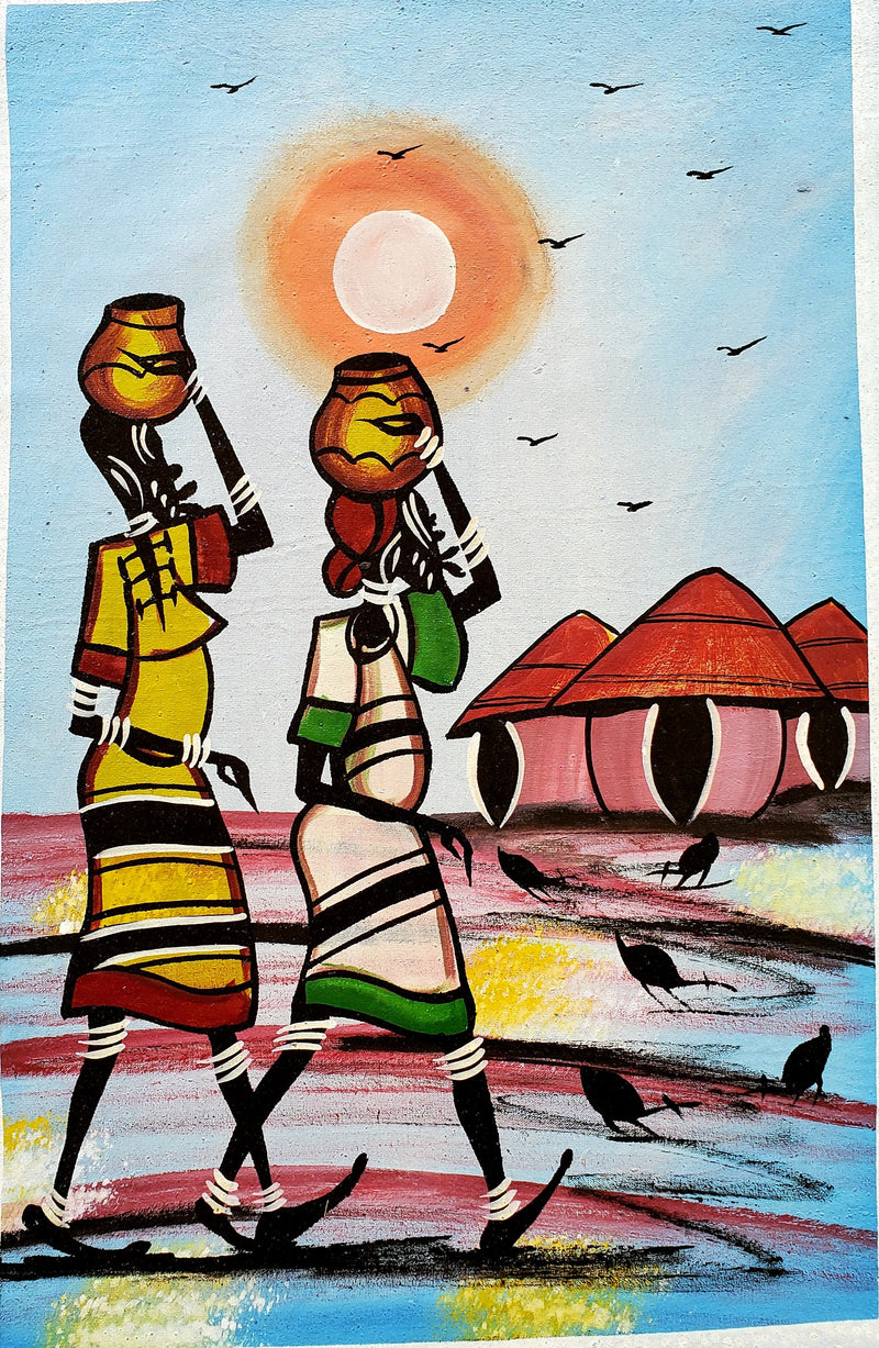 African Women Walking at Sunset Painting – Handmade Canvas Wall Art
