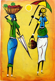African Women Walking with Umbrella Painting – Handmade Canvas Wall Art