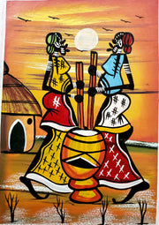 African Working Sisters Cooking Painting – Handmade Cultural Canvas Art