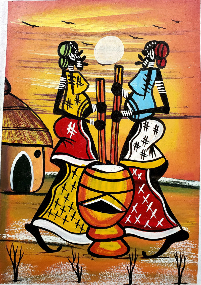 African Working Sisters Cooking Painting – Handmade Cultural Canvas Art