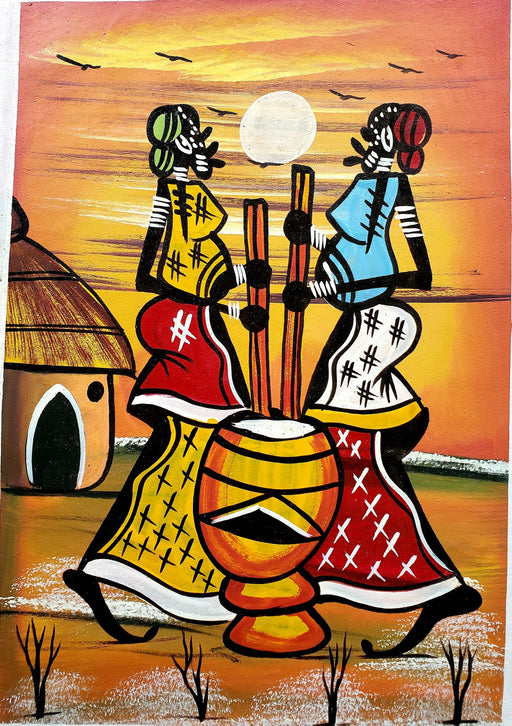 African Working Sisters Cooking Painting – Handmade Cultural Canvas Art