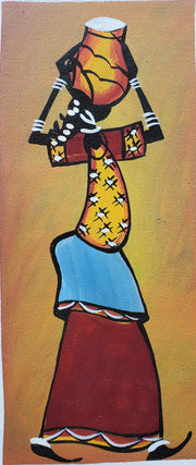 African Working Woman Walking Painting – Handmade Vertical Canvas Wall Art