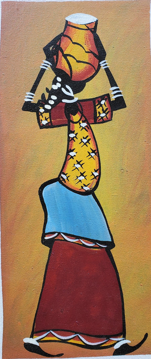 African Working Woman Walking Painting – Handmade Vertical Canvas Wall Art