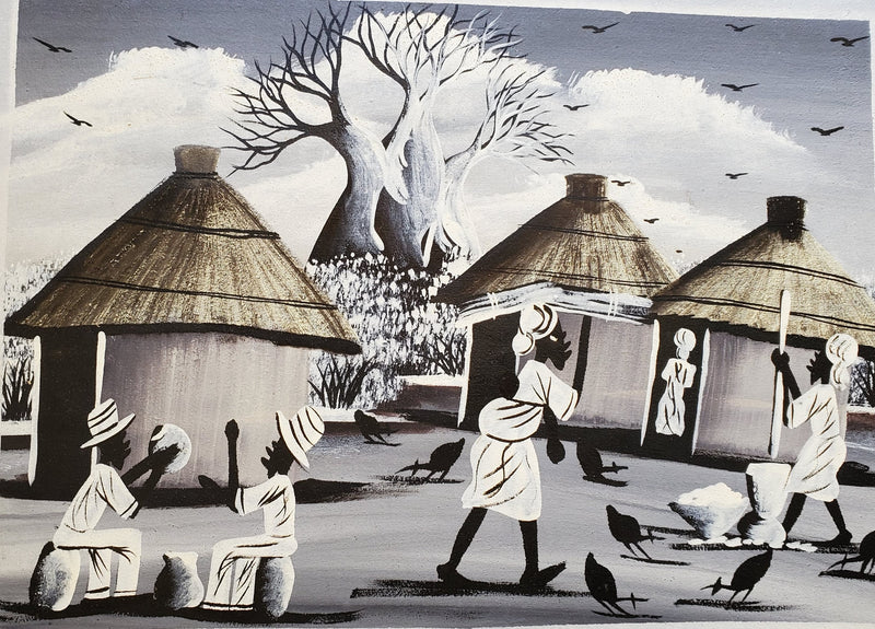 Black and White African Village Painting – Handmade Cultural Canvas Art