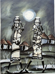 Black and White African Women Village Painting – Handmade Canvas Art