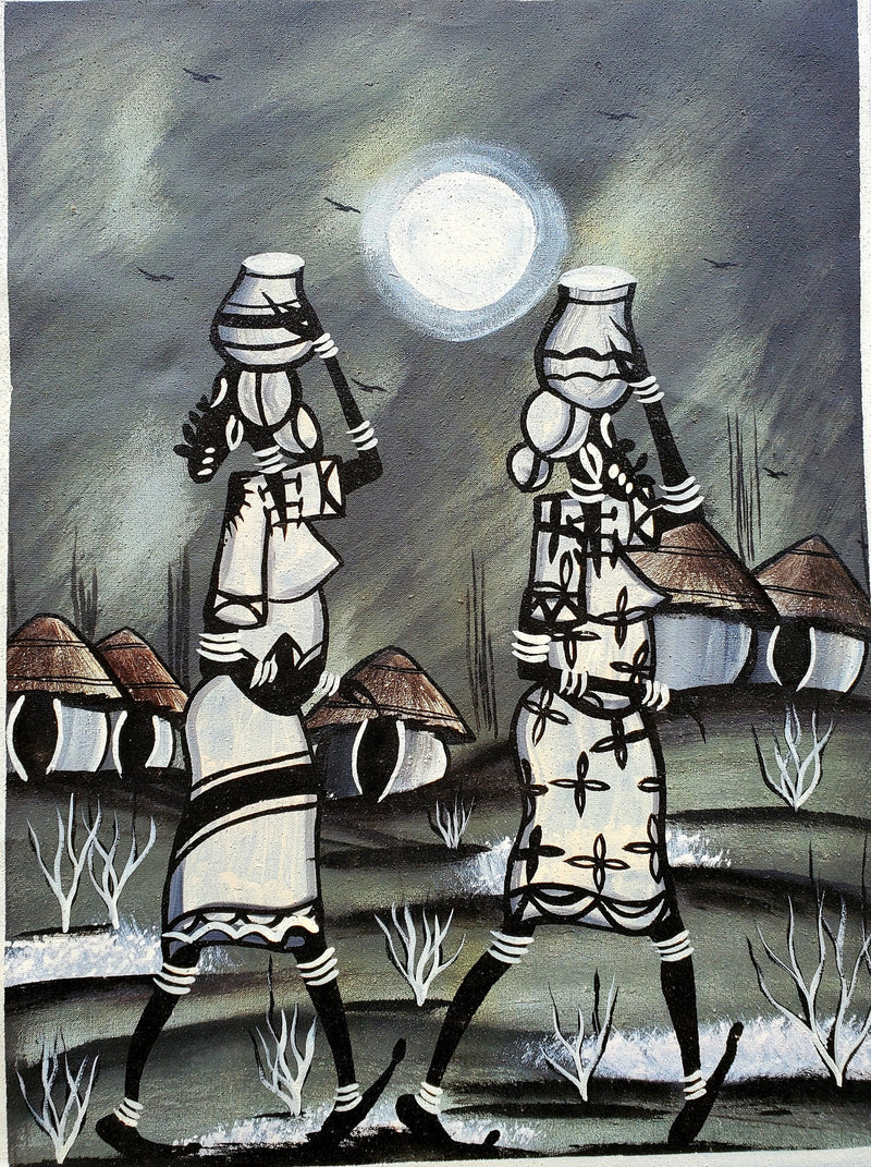 Black and White African Women Village Painting – Handmade Canvas Art