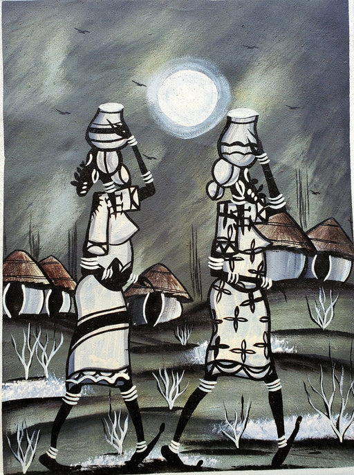 Black and White African Women Village Painting – Handmade Canvas Art