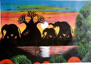 Colorful Elephant Family Landscape Painting – African Canvas with Baobab Tree