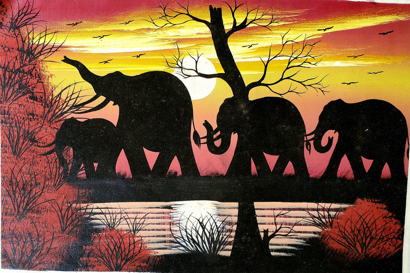 Golden Sunset Elephant Family Painting on Canvas – African Wildlife Wall Art