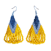 Golden yellow Maasai beaded loop earrings handmade in Kenya with metallic blue and clear bead accents