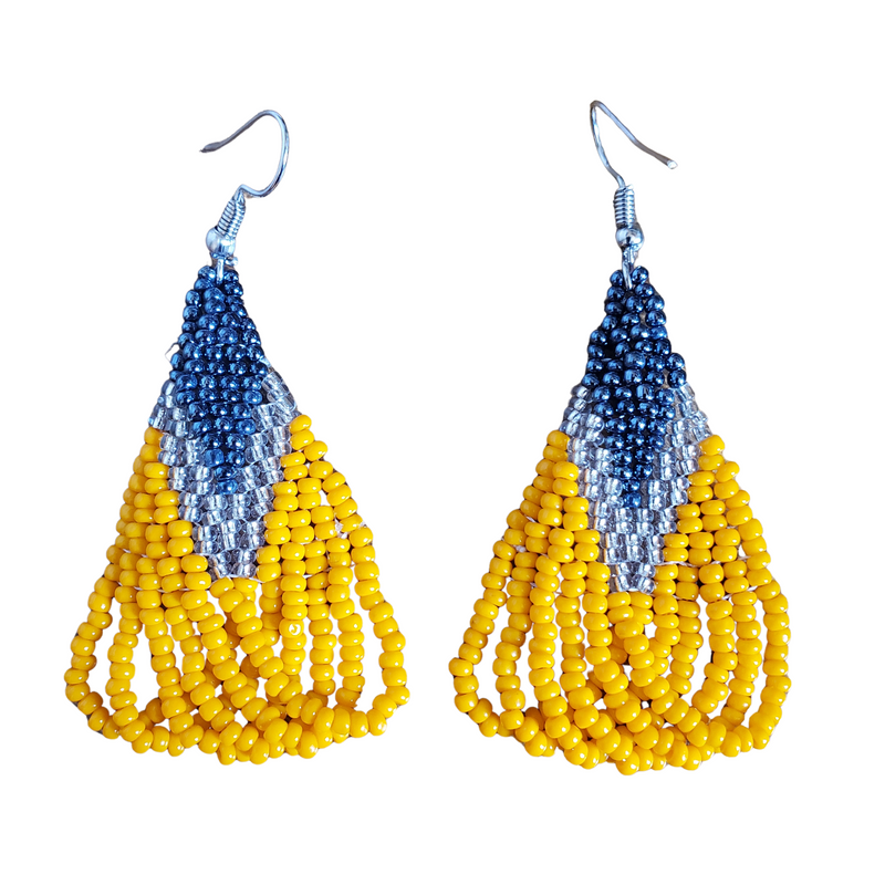 Golden yellow Maasai beaded loop earrings handmade in Kenya with metallic blue and clear bead accents