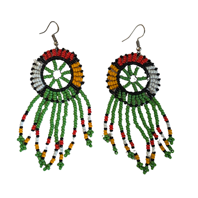 Green Maasai circular fringe earrings with multicolor beadwork handmade in Kenya