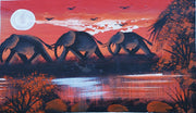 Marching Elephant Herd Moonlight Painting – African Canvas Wall Art