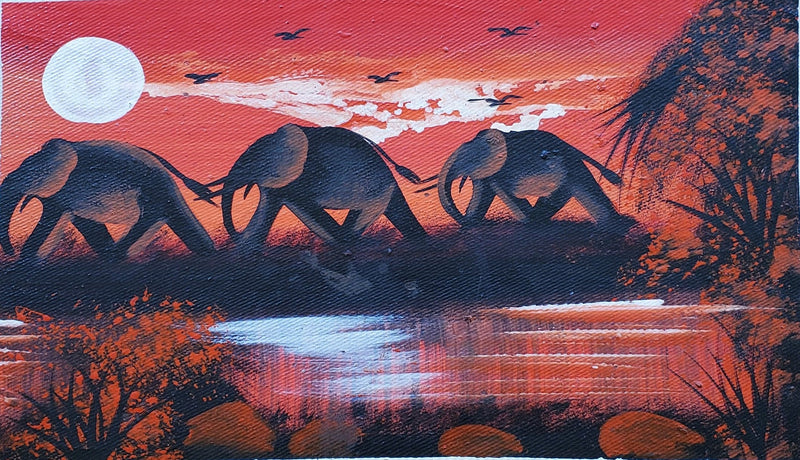 Marching Elephant Herd Moonlight Painting – African Canvas Wall Art