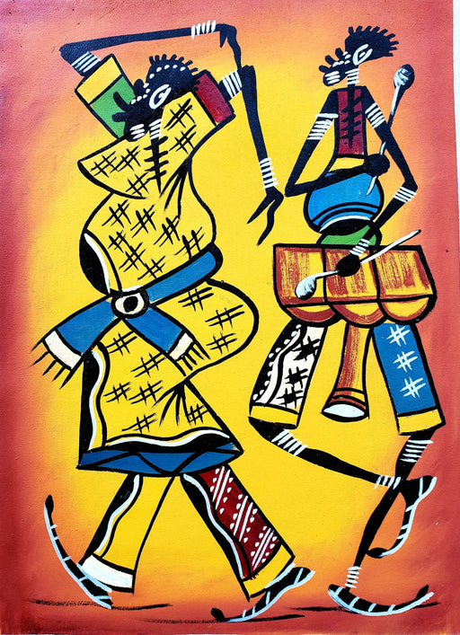 Mbira Player and Dancer Painting – African Music & Dance Canvas Art