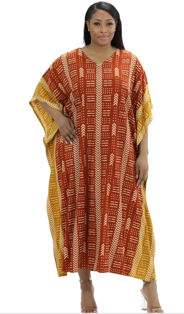 Orange/Brown African Mudcloth Kaftan Dress