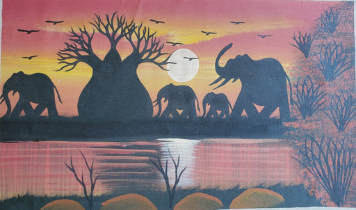 Pastel Sunset Elephant Family Painting – African Baobab Canvas Wall Art