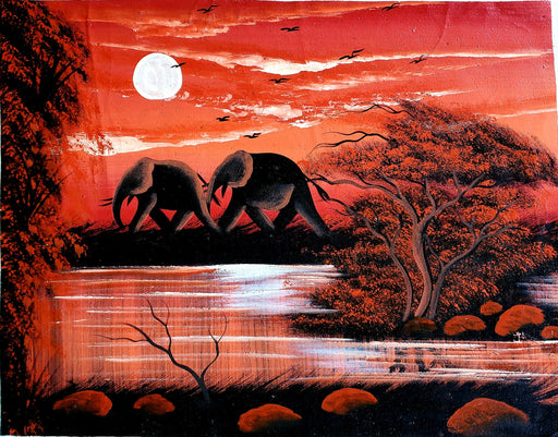 Red Sunset Elephant Family Reflection Painting – African Canvas Wall Art