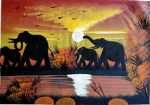 Artistic depiction of elephants walking along a river at sunset with a full moon.