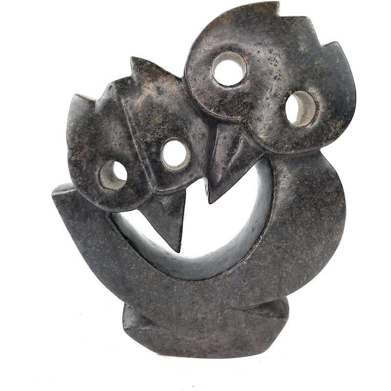 Abstract Owl Couple Sculpture – Dark Serpentine Hand-Carved in Zimbabwe