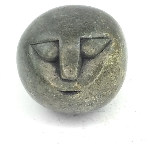 Abstract Face Sculpture – Round Green Shona Stone Head from Zimbabwe