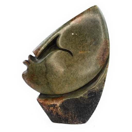 Abstract Half Face Sculpture – Pointed Head Earth-Tone Green Shona Stone